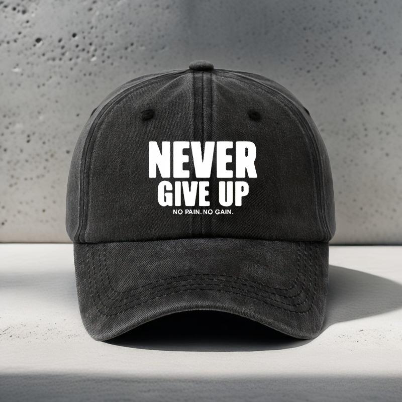 

1pc Vintage Distressed Baseball Cap NEVER GIVE UP Funny Print Breathable Hat for Women and Men,Adjustable Outdoor Vacation Cap Adjustable чорний