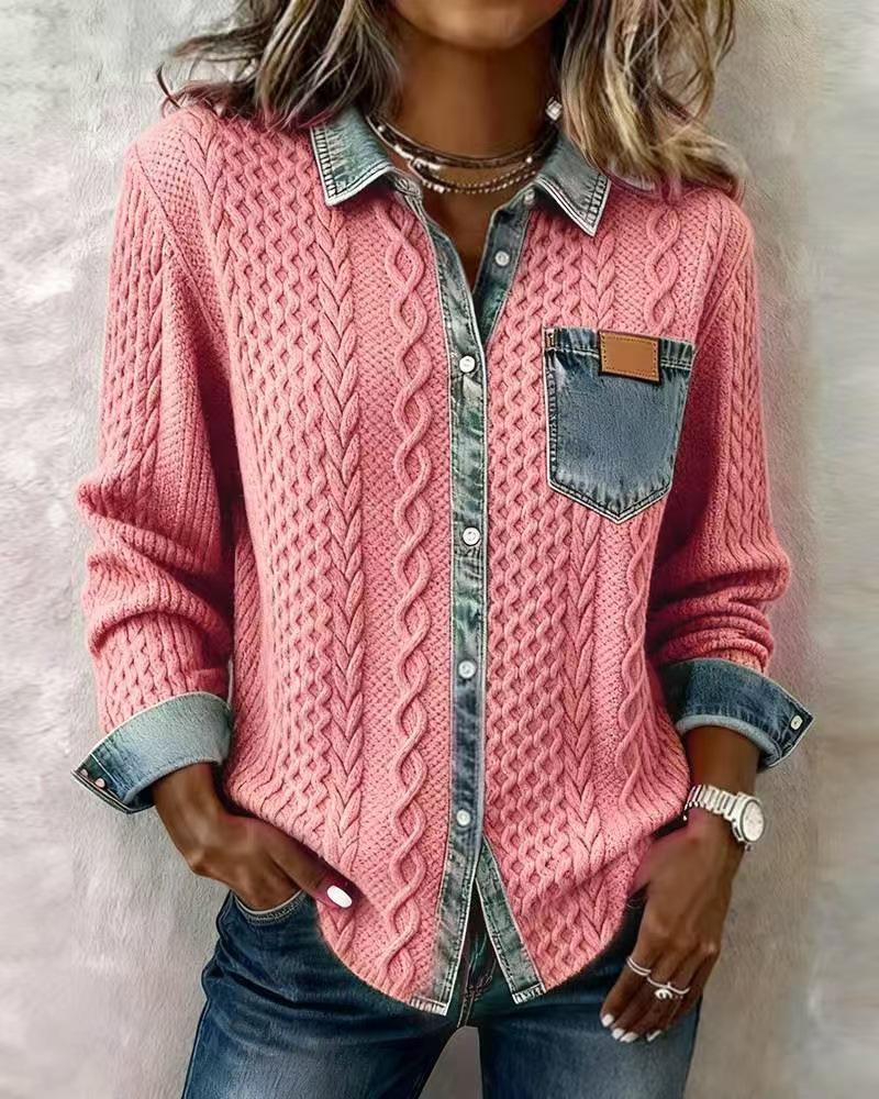 European Style Patchwork Denim Knit Cardigan - Women's Versatile Long Sleeve Shirt for Autumn/Winter 2025