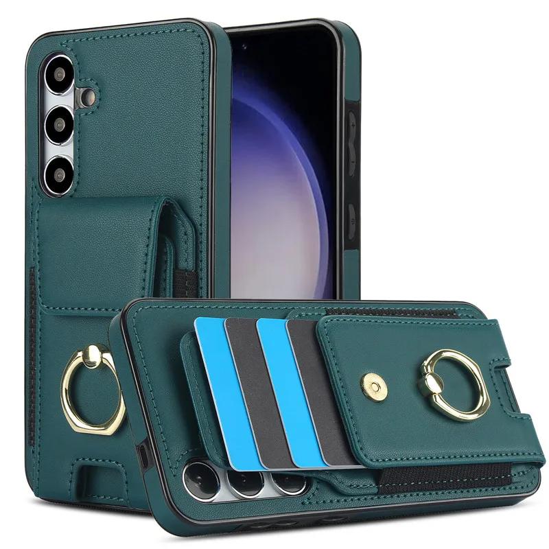 Ring Leather Wallet Card Phone Case for Samsung Galaxy S25 Edge S24 Ultra S23 Plus S22 S21 FE Note 20 10 Flip Stand Cover
