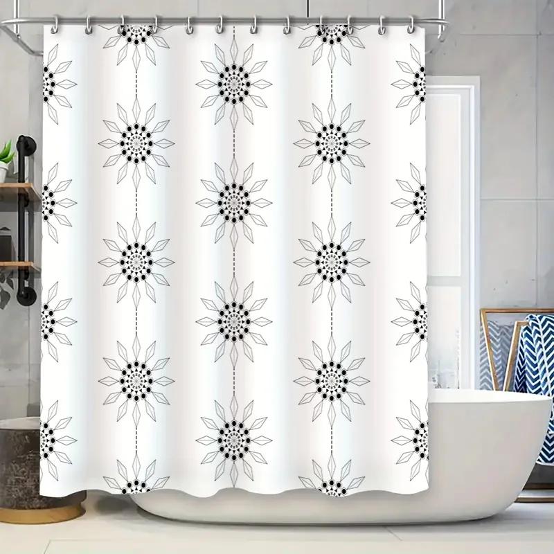 

White Shower Curtain With Black Snowflake Pattern Decorative Hanging Rings For Bathroom Use Waterproof Fabric Material W60H190(CM)-1 Pcs