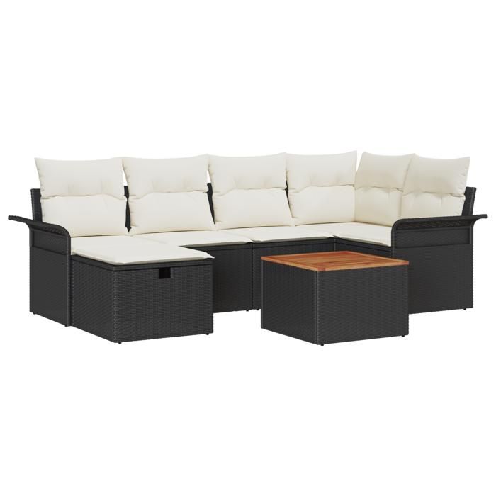 Ensemble de Canapé de Jardin 7 Pièces en Rotin Noir, Canapé de Jardin 2 Places avec Rangement &amp; Coussins en Rotin Noir 3360785
