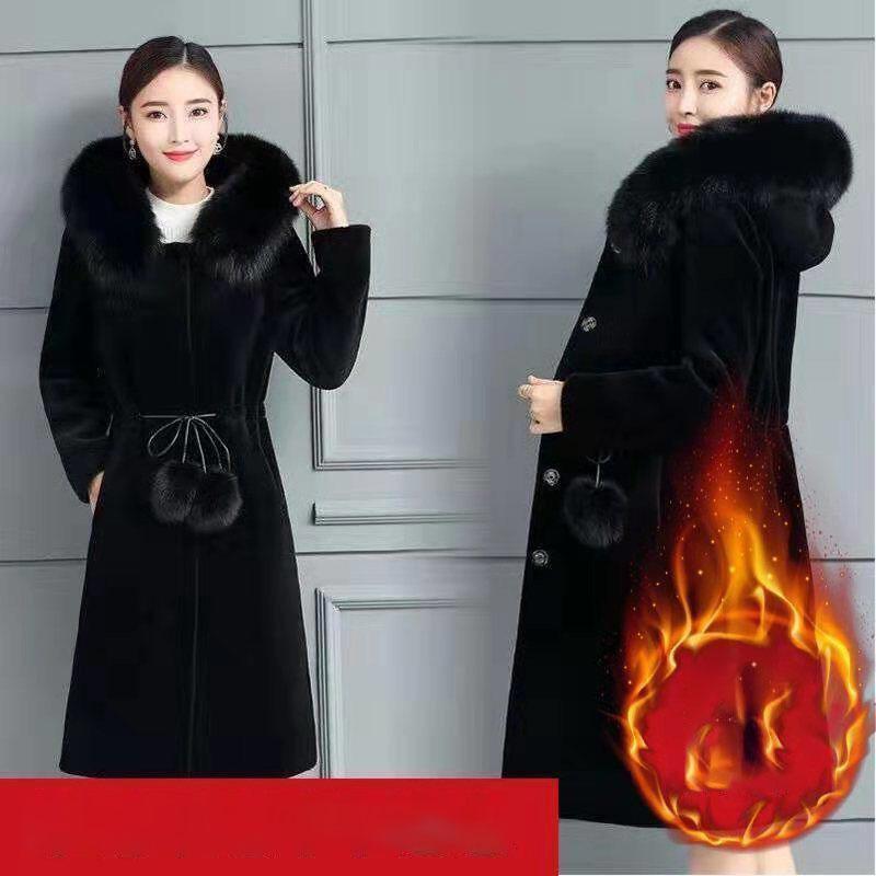 

Норковая шуба женская средней длины осень и зима тонкая норковая искусственная меховая куртка с капюшоном женская модная утепленная одежда M чёрный