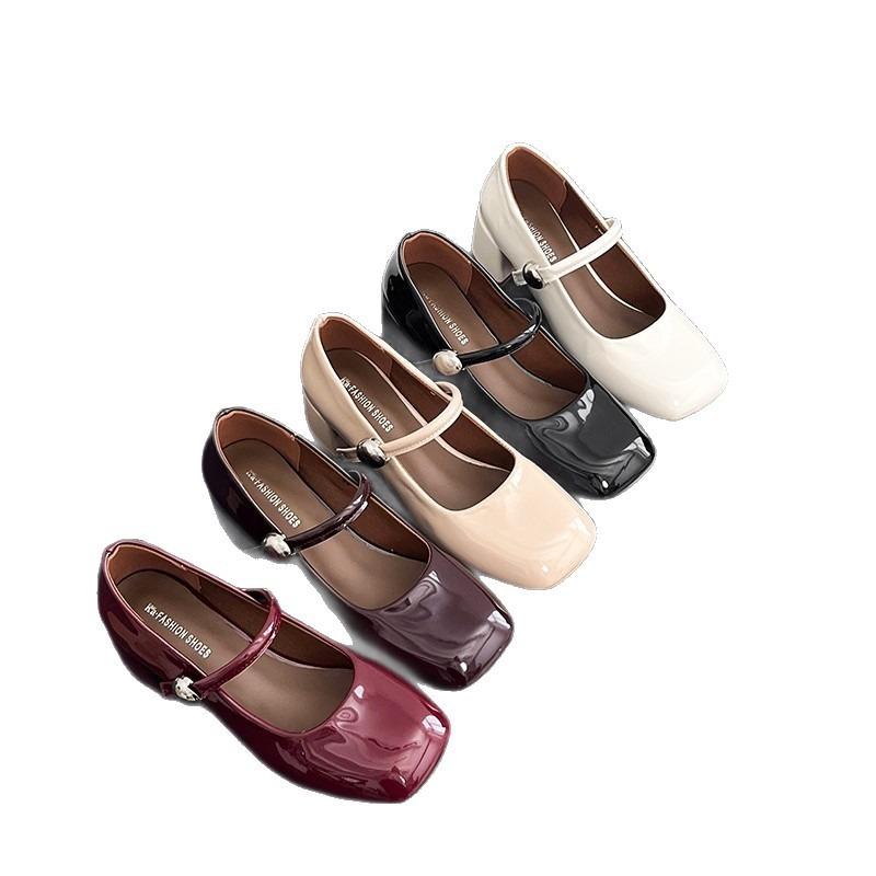 Patent leather Mary Jane single shoes women's spring new versatile thick heel square head one-word buckle temperament high heels