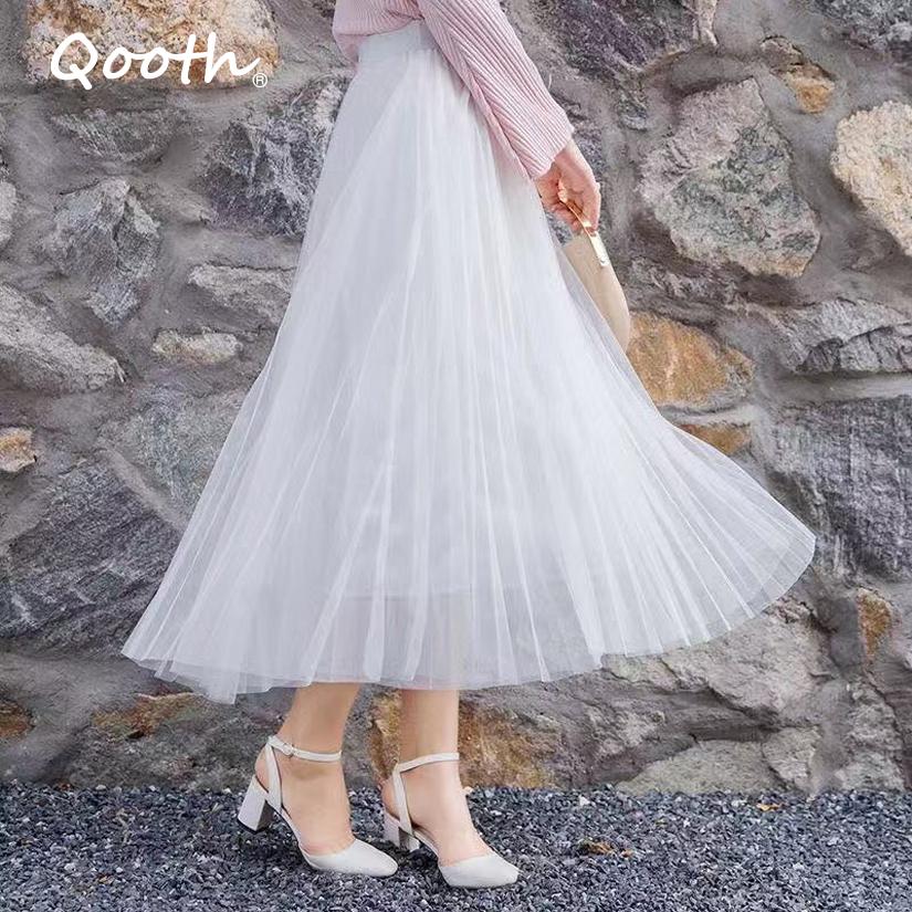 

Qooth Summer Skirt Elegant Tulle Skirt Ankle Length Pleated Skirts Mid Length A Line Skirt QT2585 One Size рожевий
