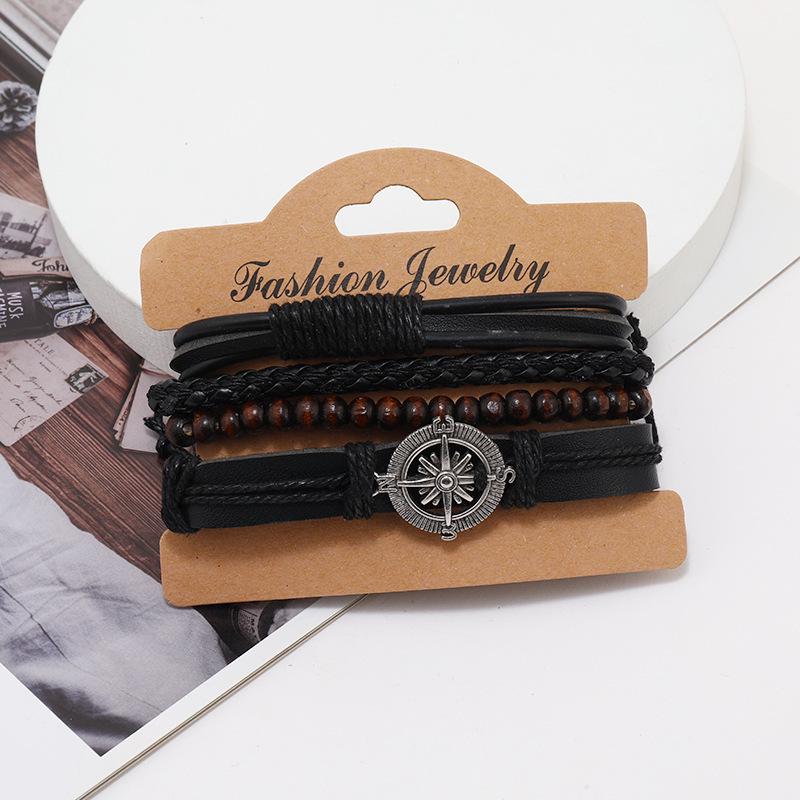 4-Piece Trendy Men's Woven Leather Bracelets with Leaf Design