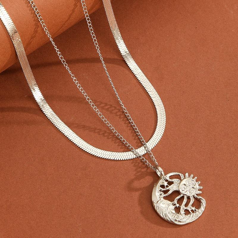 Accessories Fashion Simple Sun Moon Disc Pendant Necklace Women's Personality Multi-layer Stacked Collarbone Chain