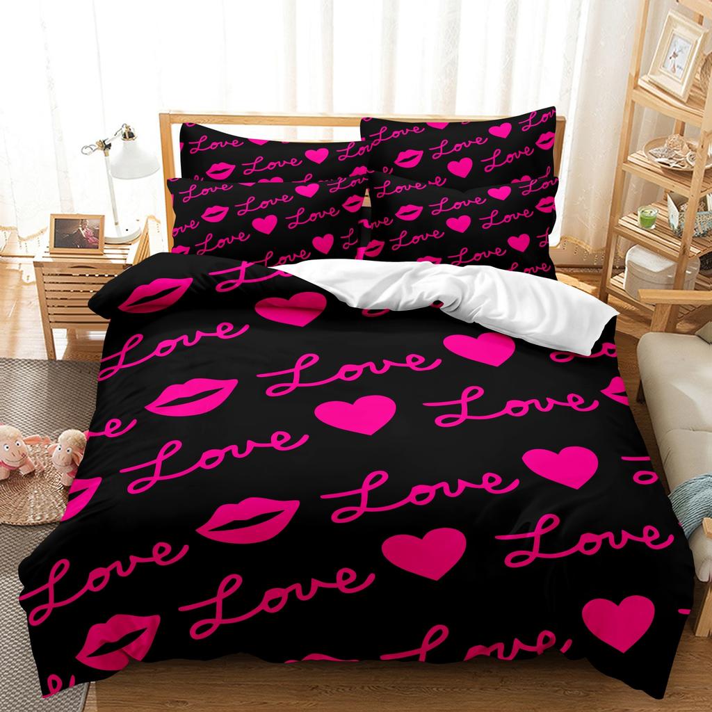 Black Hot Pink Love Letter Heart Lips Print 3 Pieces Duvet Cover Bedding Set, Romantic Pink Lip Heart Cursive Love Print Bedding