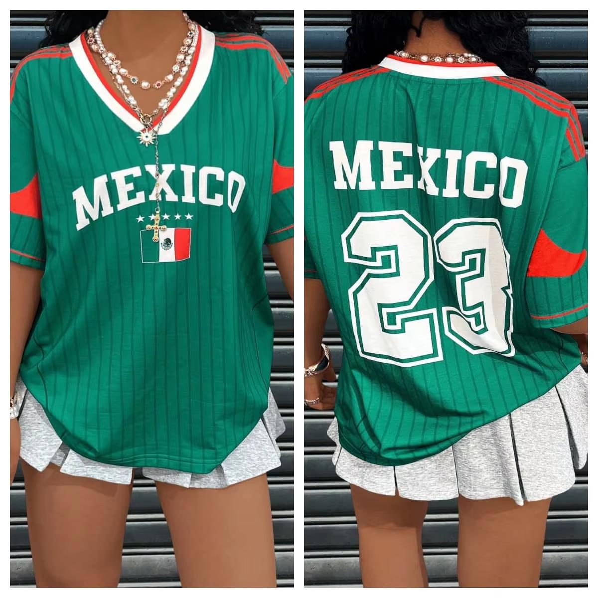 Summer Women s V Neck Mexico Style Graphic Shirt MEXICO Text with Heart Design Trendy Casual Top Football Jersey Y2K Loose Tops S