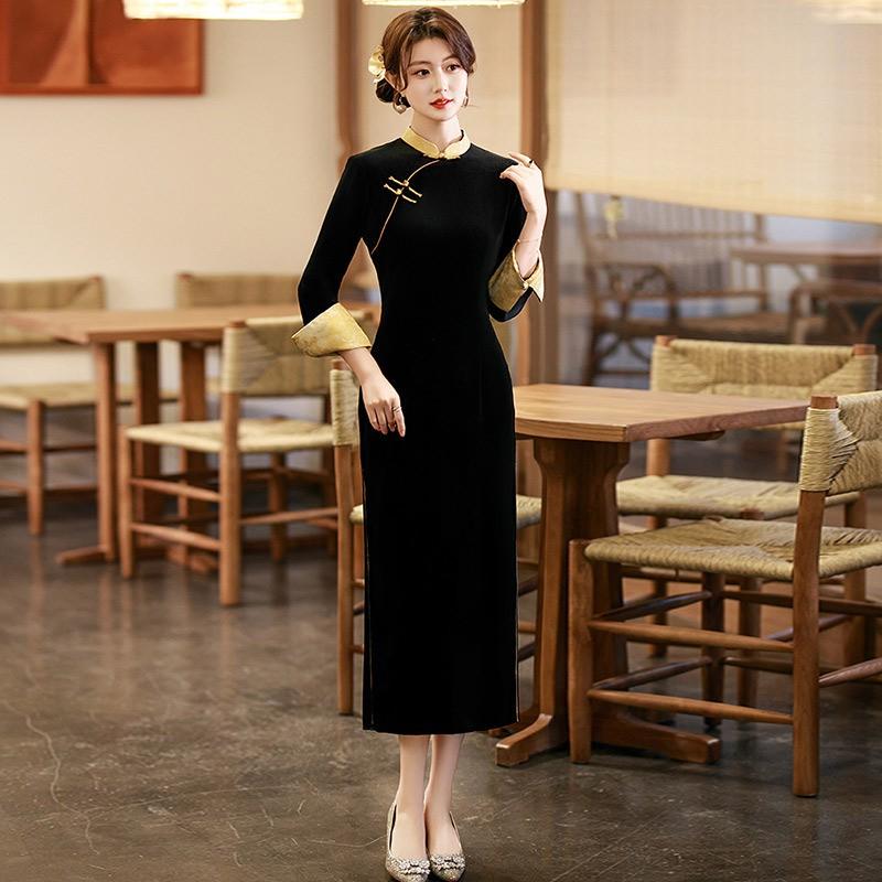 Womens Black Velvet Long Sleeve Qipao Dress Vintage Style Slim Fit Winter Outfit