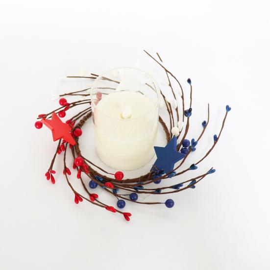 Vlastenecký svícenový věnec Červený Bílý Modrý Hvězda Smíšený Umělý Bobulový Svícenový Věnec Mini Stojan na Sloupové Svíčky pro Stolní Dekoraci na 4. července