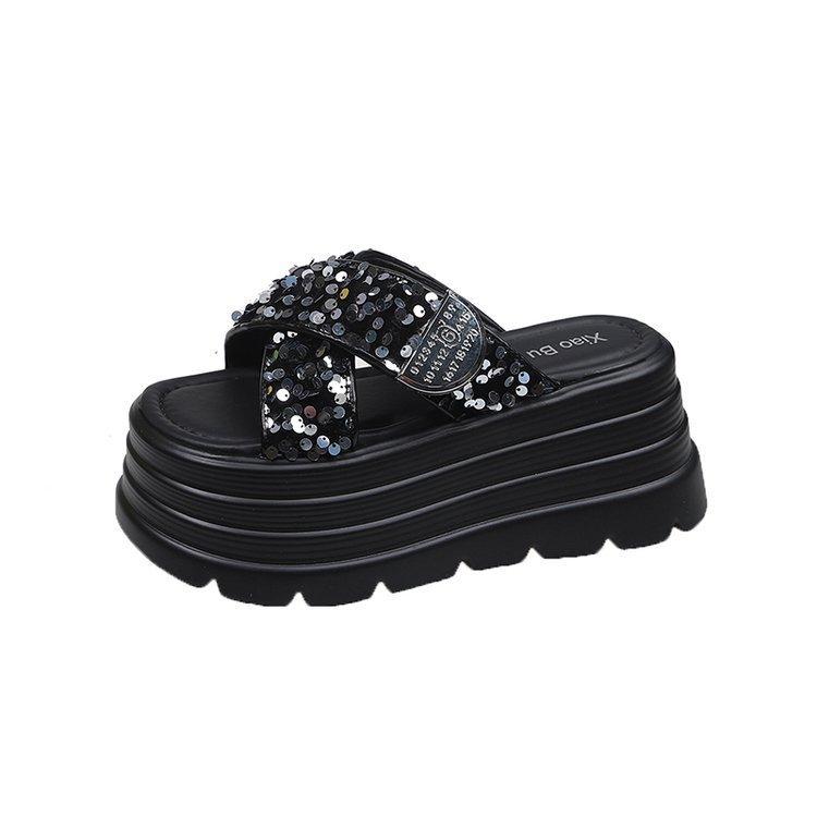 Platform slippers women's fashion outer wear 2025 summer new Korean version small sequined cross muffin sandals