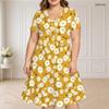 Women Plus Size Two Piece Dress Set V Neck Short Sleeve Silver Drips Printed Black Flared Dress