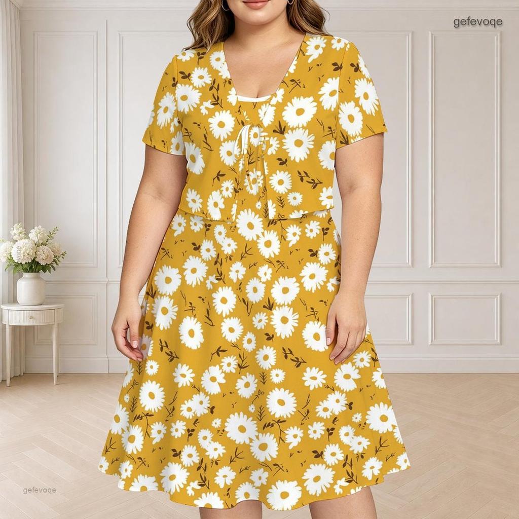 Women Plus Size Two Piece Dress Set V Neck Short Sleeve Silver Drips Printed Black Flared Dress