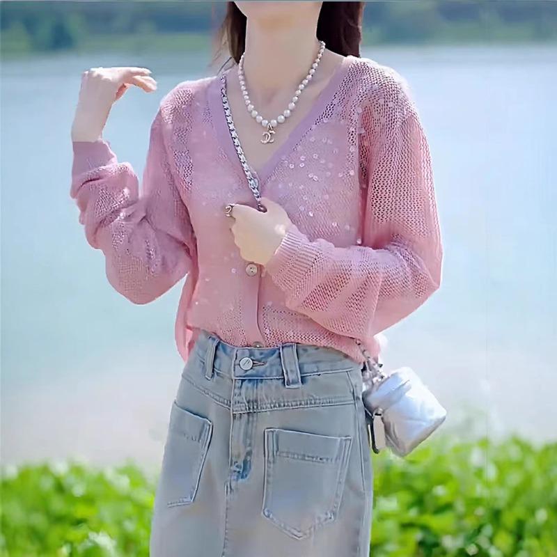 Ice Silk High-end Sequin Knitted Cardigan Women's Summer New Hollow Tulle Sunscreen Outerwear Blouse Top