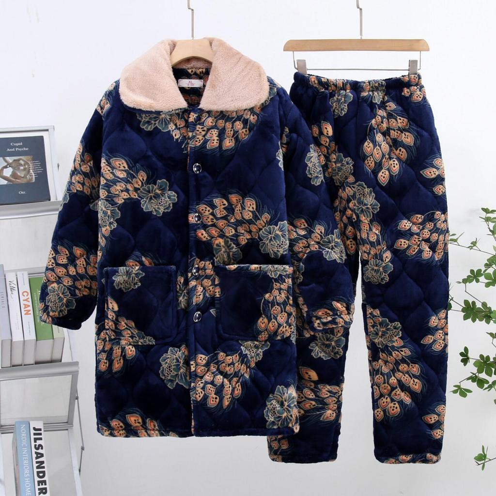 Women's Sleepwear Autumn Winter Coral Fleece Three-layer Padded Pajamas Thickened Plush Flannel Loungewear Set