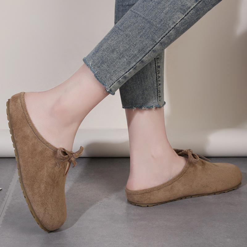 Fashion Women's Fashion Baotou Slippers Summer New Round Head Suede Butterfly Knot Soft Sole Anti-slip Wear-resistant Flat Shoes