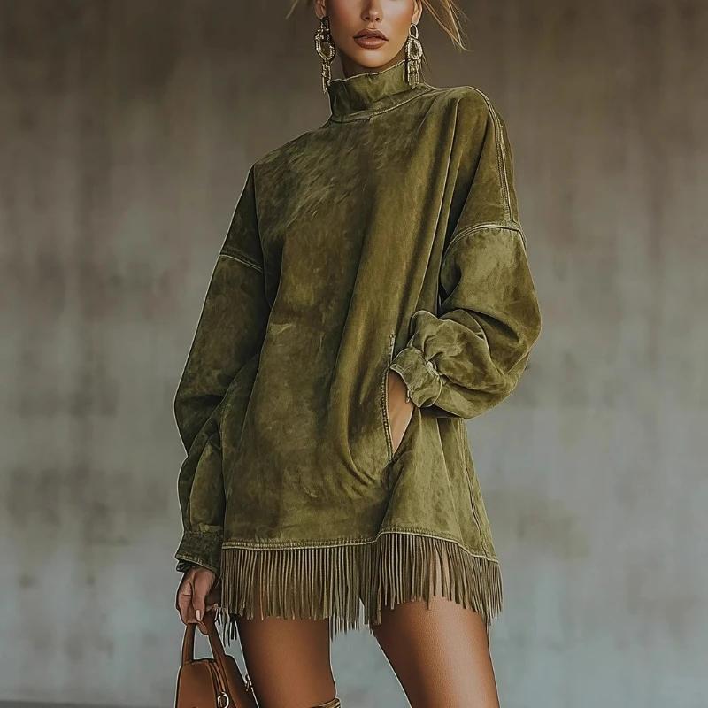 

Women Vintage Dress Tassels Spliced Turtleneck Mini Dress Pockets Loose Long Sleeve Vestidos Solid Elegant Streetwear Autumn 2XL зелений