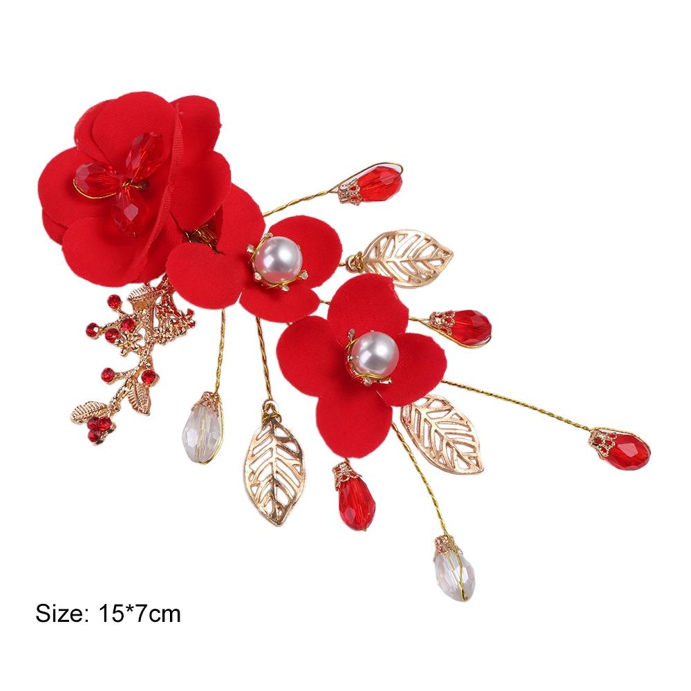 New Year Red Flower Leaf Festival Hairpins Chinese Hanfu Hair Clips Women Barrettes Duckbill Clips