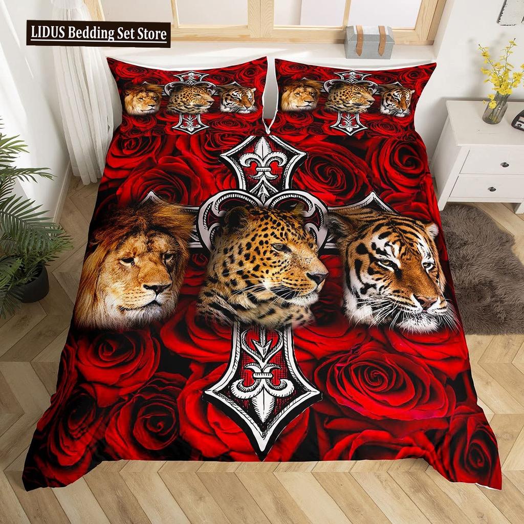 Lion Rose Duvet Cover Sets King Size Animal Floral Print Polyester Comforter Cover Nature Theme Bedding Set For Kids Adult Teens