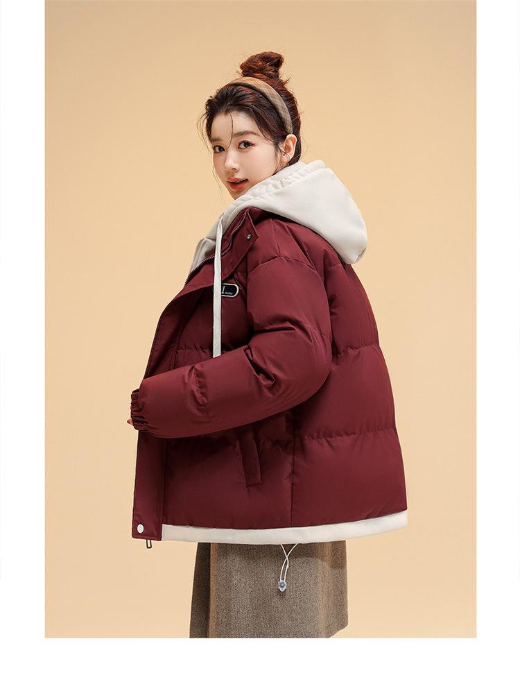 Drawstring Fake Two-piece Women's Autumn and Winter Jacket Short Hooded Jacket Loose Casual Student Warm Jacket 6 Colors