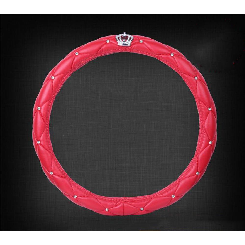 Black Car Steering Wheel Cover Pu Leather 38Cm Rhinestone Crystal Diamond Crown