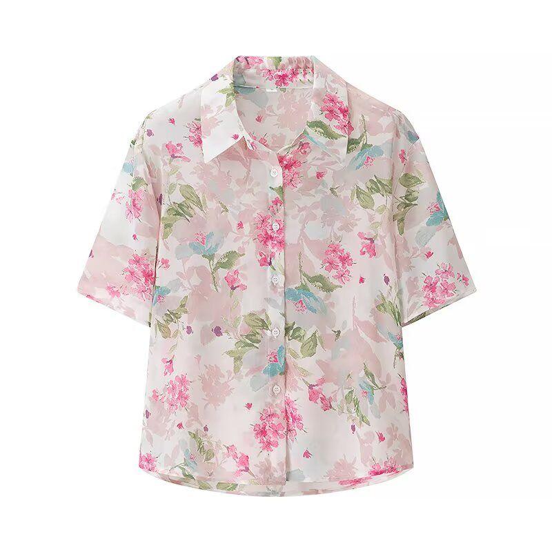 

Kaslead New Arrival Women s Fashion Style Stylish Simple and Versatile Chiffon Print Short Sleeve Shirt Flower color L