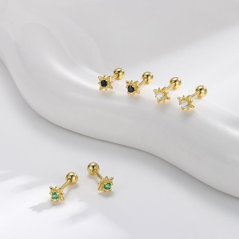 925 Sterling Silver Inlaid Zircon Star Screw Earrings for Women Fashionable Simple Temperament Silver Jewelry