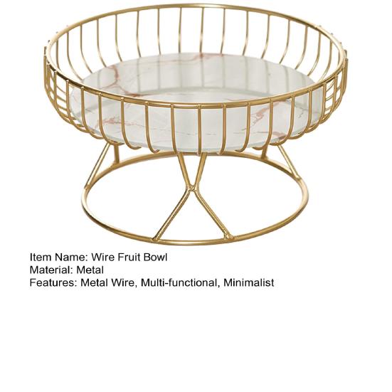 Yousheng Metal Wire Fruit Basket Round Mesh Fruit Bowl with Marble Texture Tray Modern Decorative Bread Snacks Serving Bowl for Kitchen Countertop