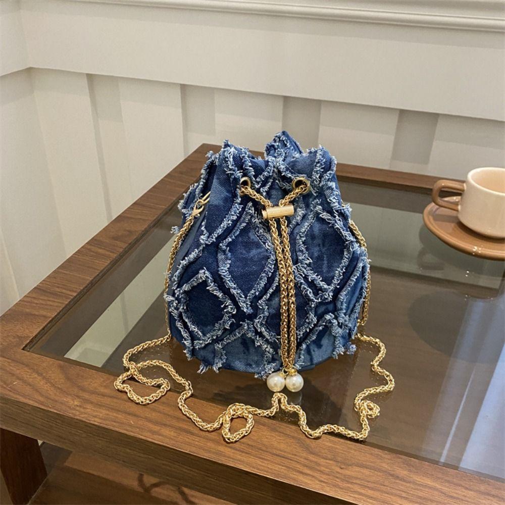 Chain Tassel Denim Crossbody Bag Handbag Cloth Shoulder Bag Elegant Denim Bucket Bag Wedding