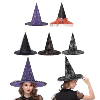 Halloween Witch Wizard Hat Carnivals Party Headgear with Tinsel Cloth Devil Cap Cosplay Props for Adult Women Men