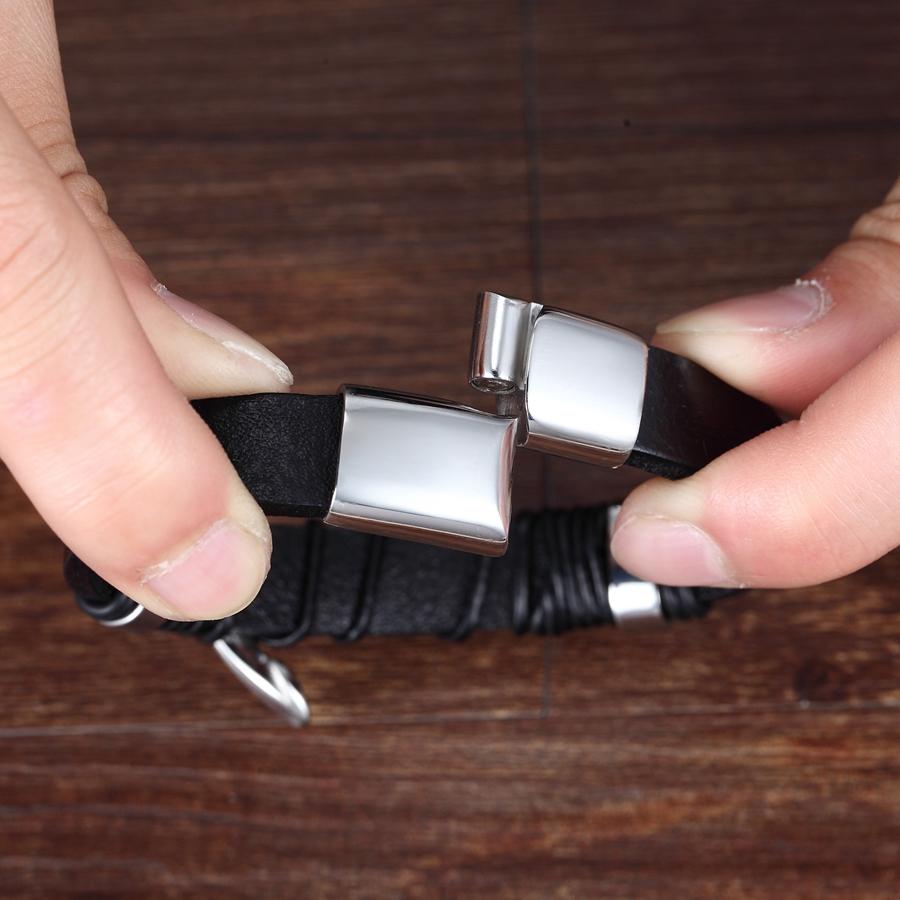 Fashion 3 Layers Black Punk Style Design Leather Bracelet for Men Stainless Steel Magnetic Button Birthday Gift Male Bracelets