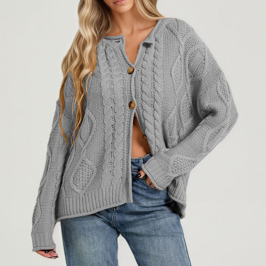 Damen Langarm Zopfmuster Strickjacke Farbe Lässiger Pullover Top