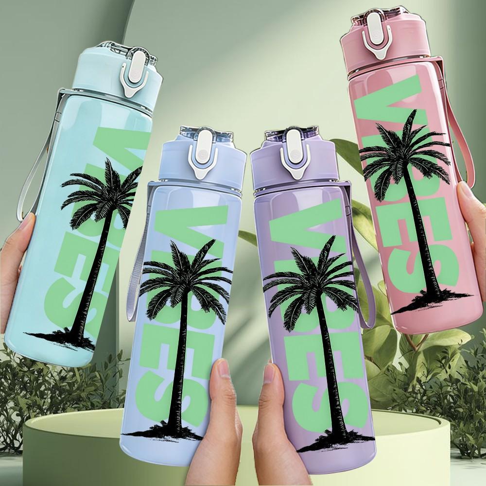 1PC Vibe Palm Tree Simple Line Print 750ml Color Plastic Sports Water Bottle Leakproof Flip Straw Lid Suitable for Sports Office Home Use