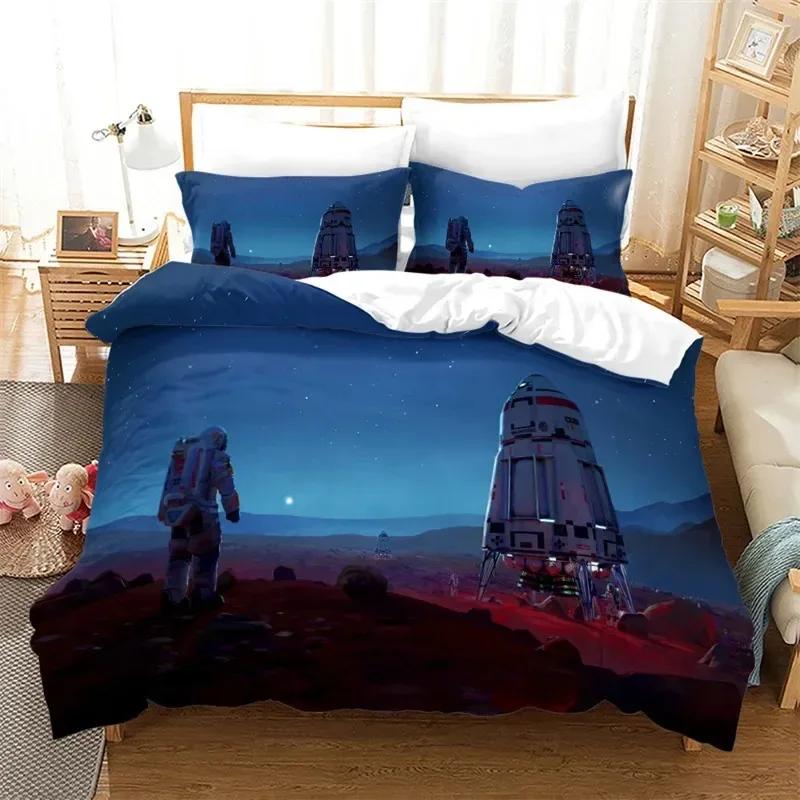 New Cartoon Astronaut Duvet Cover King Galaxy Space Bedding Set Microfiber Rocket Ship Space Adventure Comforter Cover