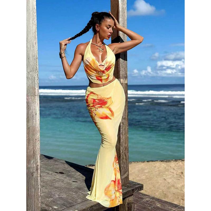 New Flower Print Bikini Set Women's High Waist Long Skirt 3 Piece Swimsuit Sexy Mini Triangle Backless Thong Bathing Suit