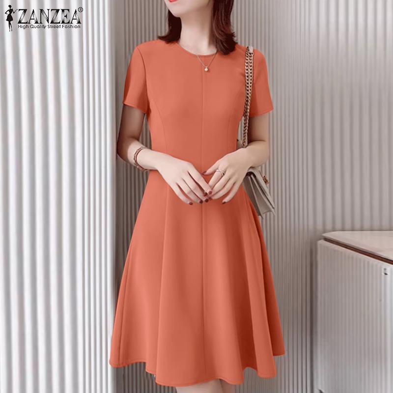 ZANZEA Women Casual Round Neck Summer Short Sleeve Dress