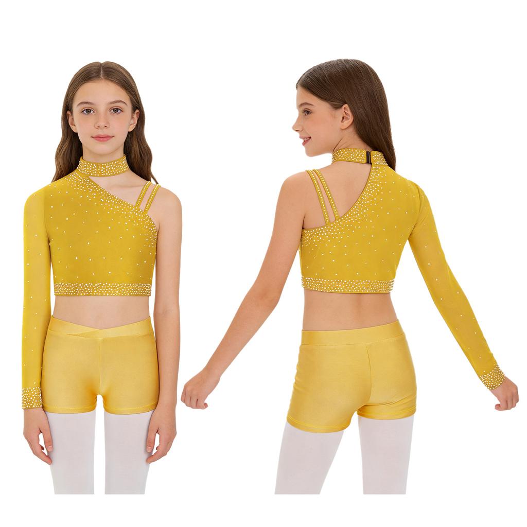 Třpytivý crop top na tanec s kamínky pro dívky: Šortky s nepravidelným ramenem a V-předním pasem pro taneční vystoupení