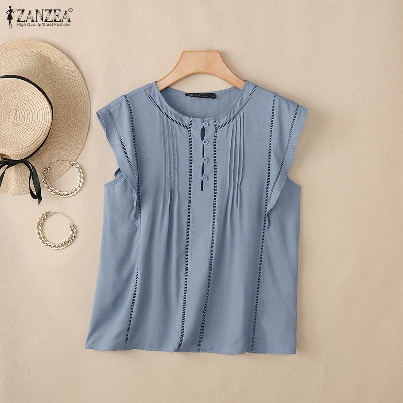 ZANZEA Women Casual Round Neck Solid Color Summer Short Sleeve Blouse