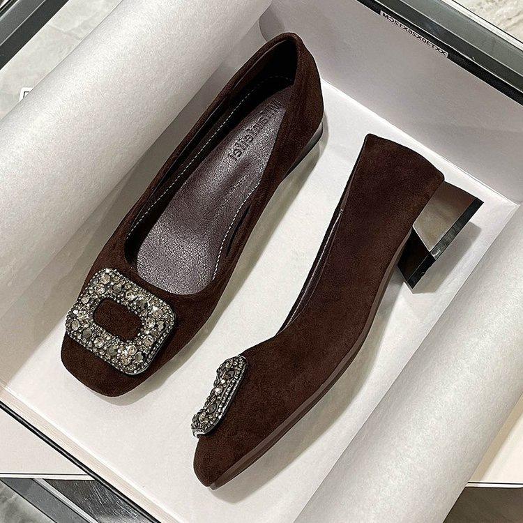 Square head single shoes women's autumn new light mouth shoes rhinestone black women's temperament thick heel ladyshoes