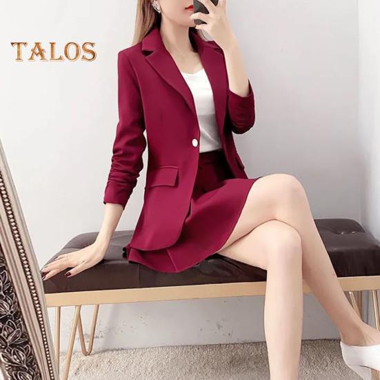 2Pcs/Set Coat Skirt Set Women Spring Autumn Lapel Long Sleeve Single Button Suit Coat Pleated Mini Skirt Set Solid Color Set
