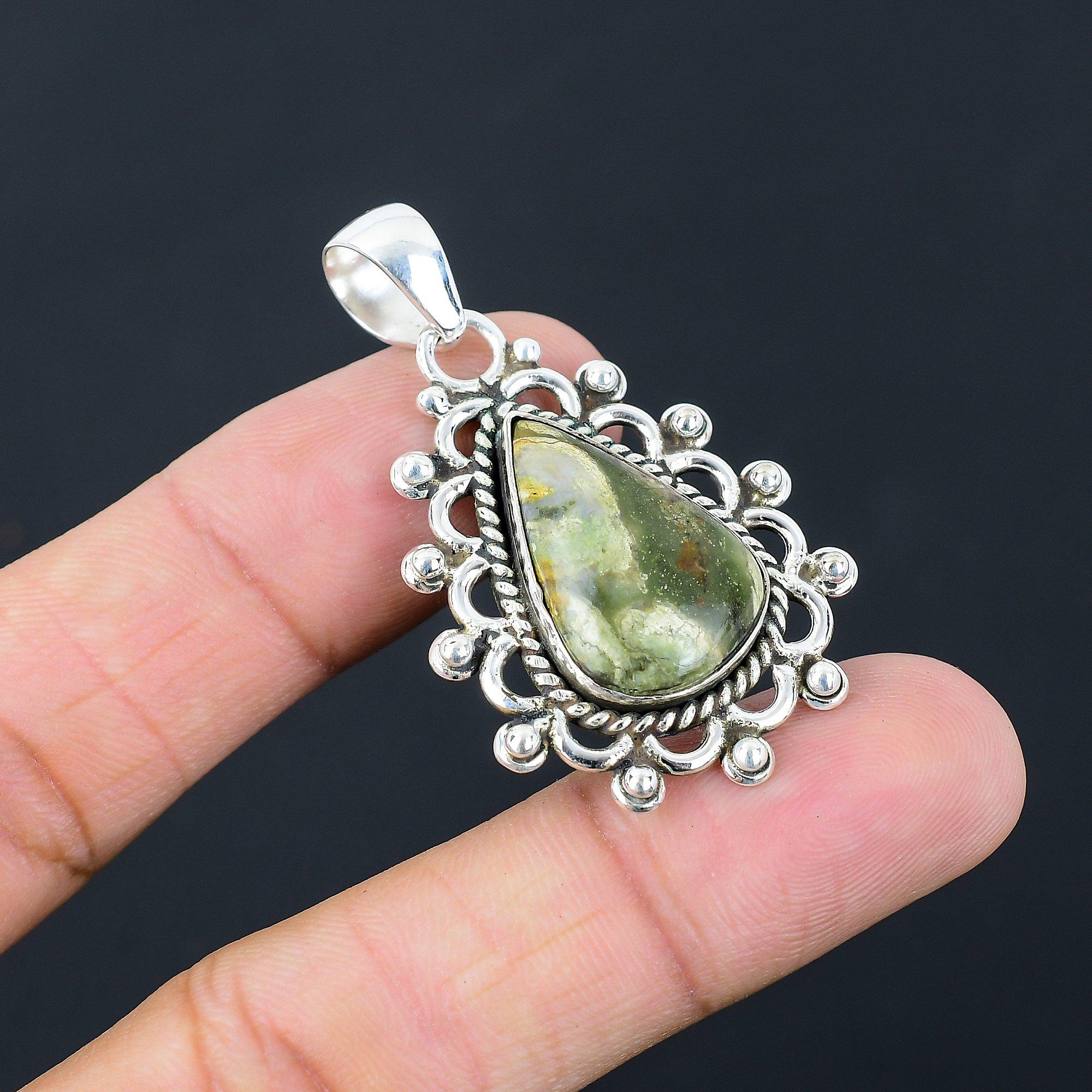 Daughters Day Sale Pear Rainforest Jasper Stone 925 Silver Artisan Boho Pendant