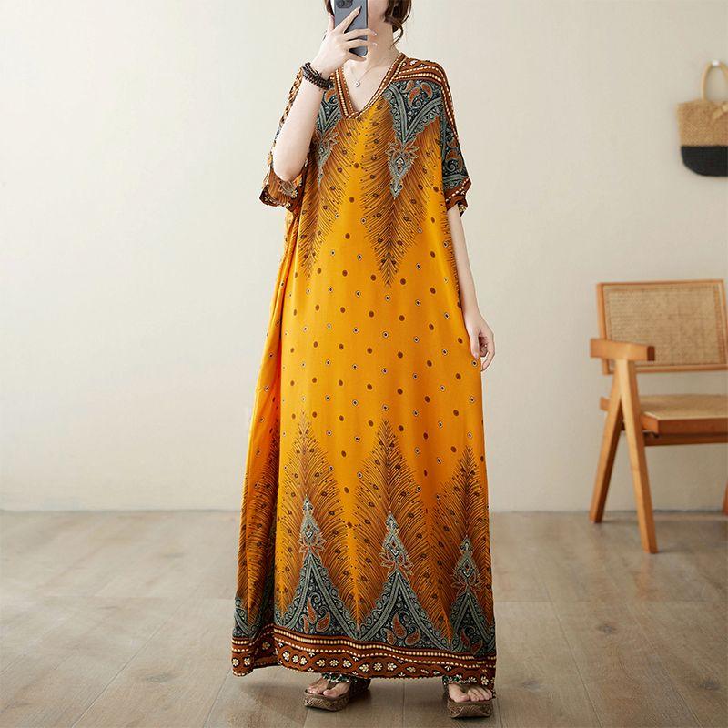 

Dress Women s Summer V Neck Cotton Silk Plus Size Loose Artistic Vacation Style Beach Dress Retro Flab Hiding Long Robe Yellow One size(45.00 kg-150.00 kg)