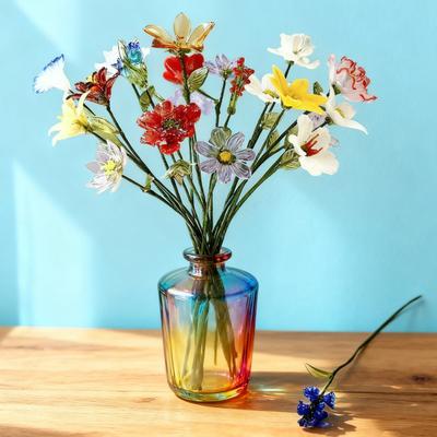Hand-Blown Glass Flower Decoration with Wire Stem Handmade Colored Glaze Floral Figurine Home Living Room Office Table Flower Vase Ornament