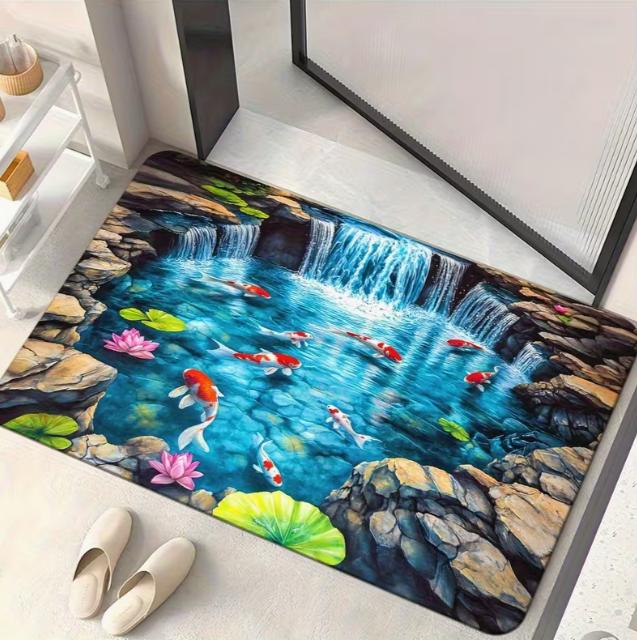 Phantom Pond Turtle Door Mat Turtle and Fish Patterns Indoor and Bathroom Living Room Bedroom Entrance Natural Rock Decoration
