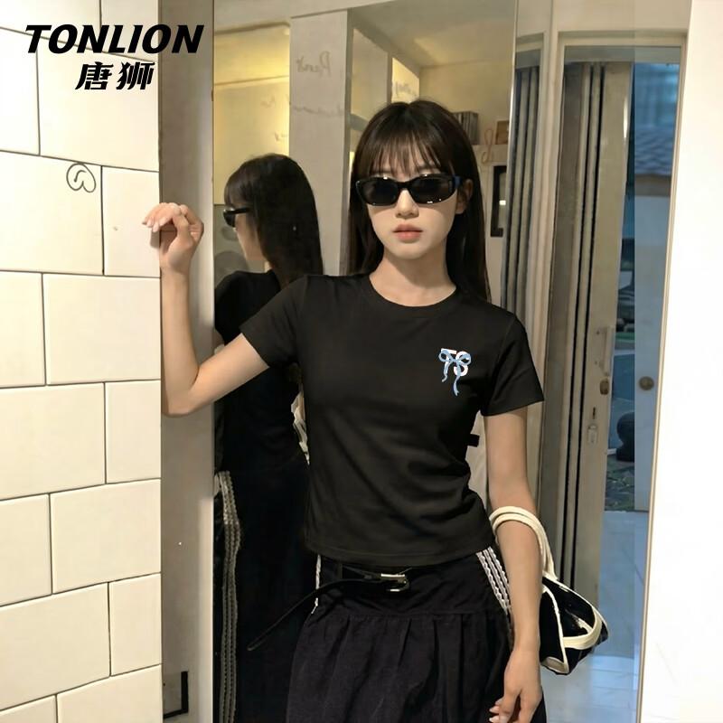 TonLion Women's Round Neck Butterfly Bow Short Sleeve T-Shirt