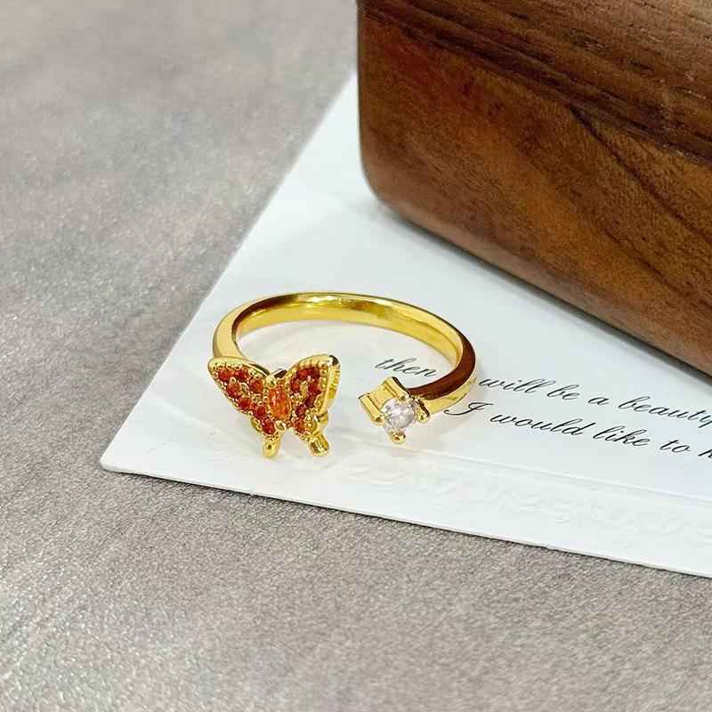Medieval Vintage Orange Red Zircon Inlaid Simple Open Ring Female Retro Flower Temperament Niche Index Finger Ring
