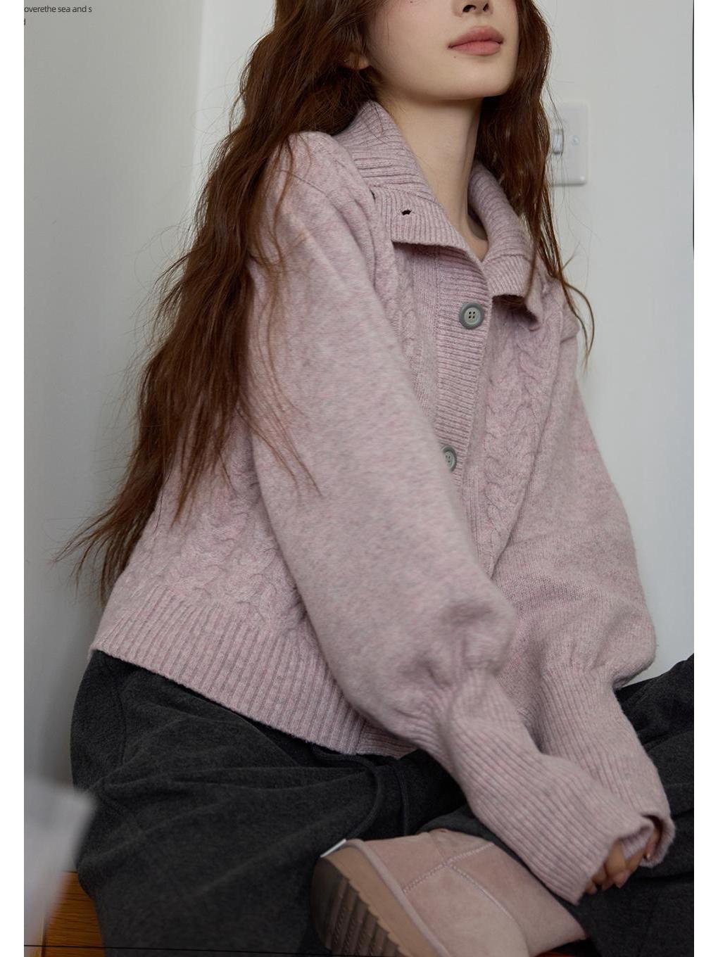 Chao Jia Women s Pink High Neck Lantern Sleeve Sweater - Thick, Soft Knit Cardigan S розовый/дым