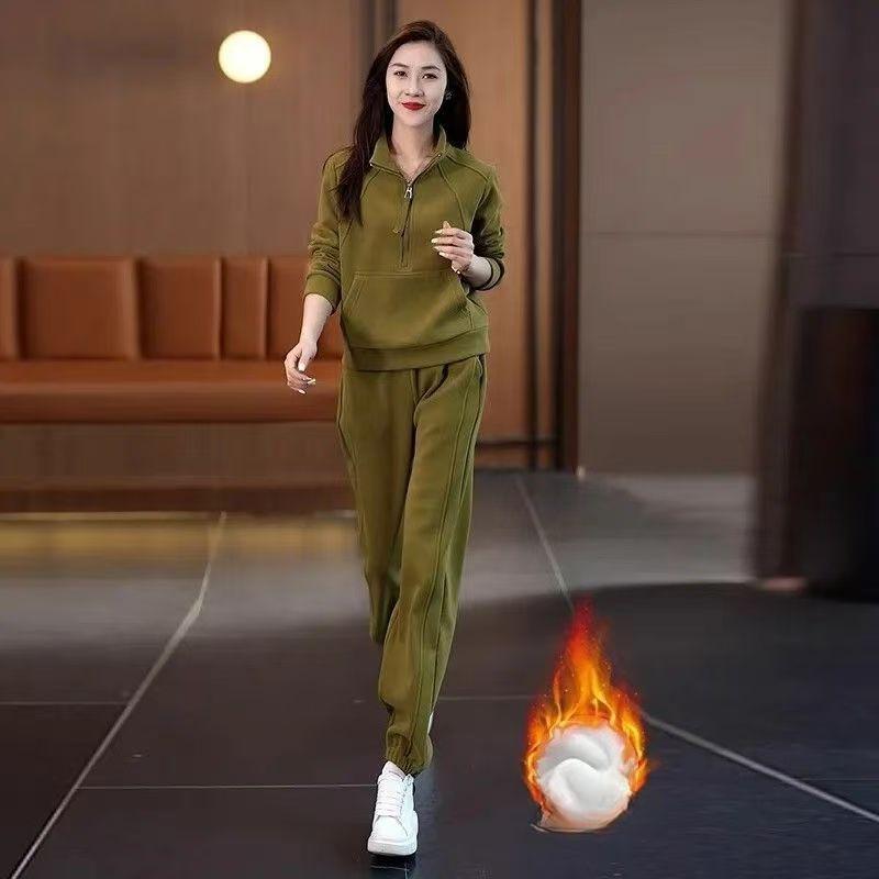 Casual Sweater Autumn and Winter Sports Suit Large Size Slimming Plus Velvet Thickening Solid Color All-match Two-piece Suit