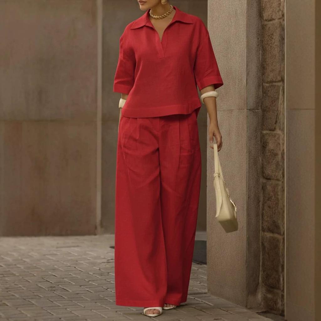 2026 European and American cross-border Amazon independent station spring and summer new solid color set, thin versatile wide-leg pants two-piece set