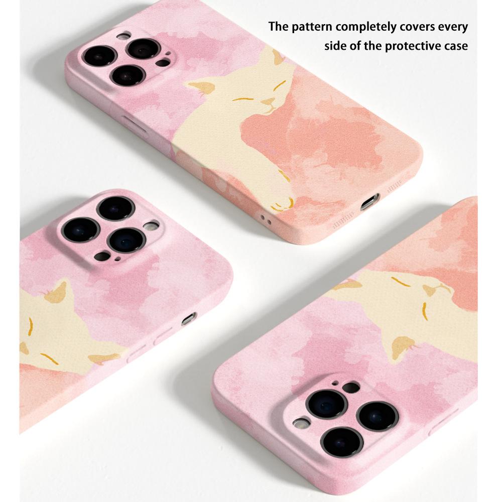 Pink oil painting cat iPhone case 13promax fine hole film case iphone17pro anti-drop protective case